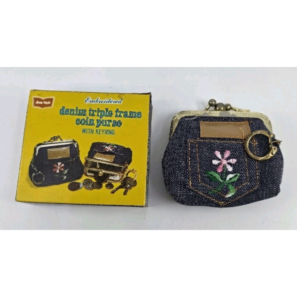 Vintage Jean Style Embroidered Denim Triple Frame Coin Purse Lock Keyring 1974